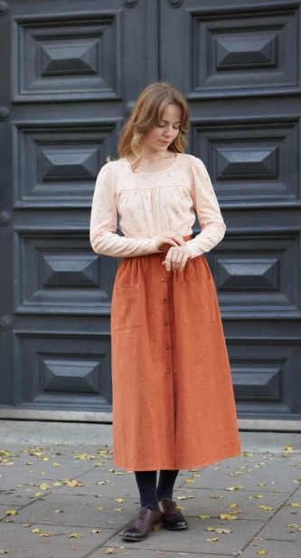 Lniana spódnica midi w kolorze cynamonu, model Emilia, styl retro