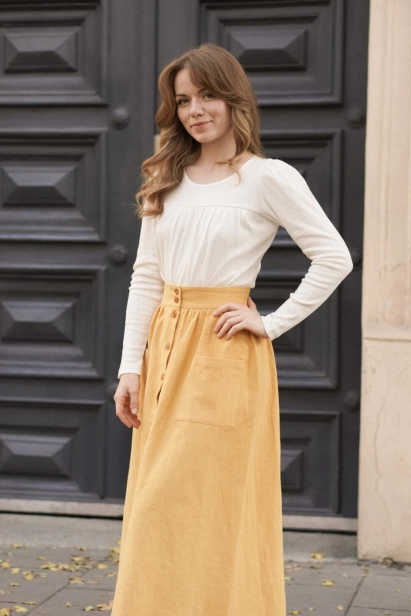 pastelowa lniana spódnica o klasycznym kroju, styl vintage, model Emilia