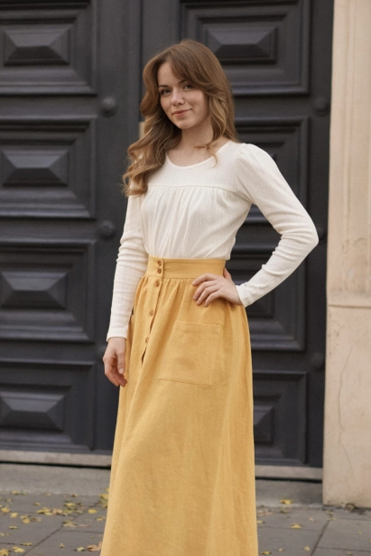 Lniana spódnica midi w kolorze ochra, model Emilia, styl retro