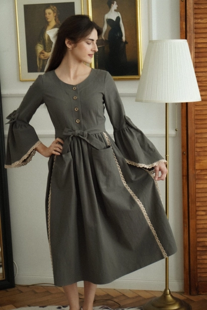 sukienka Ada retro midi ciemna szałwia